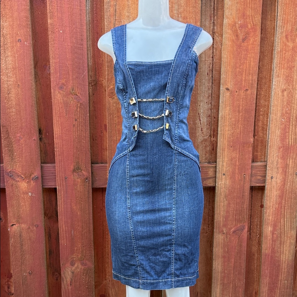 Gizia Women's Blue Denim Dress with Chain Detail Size 36